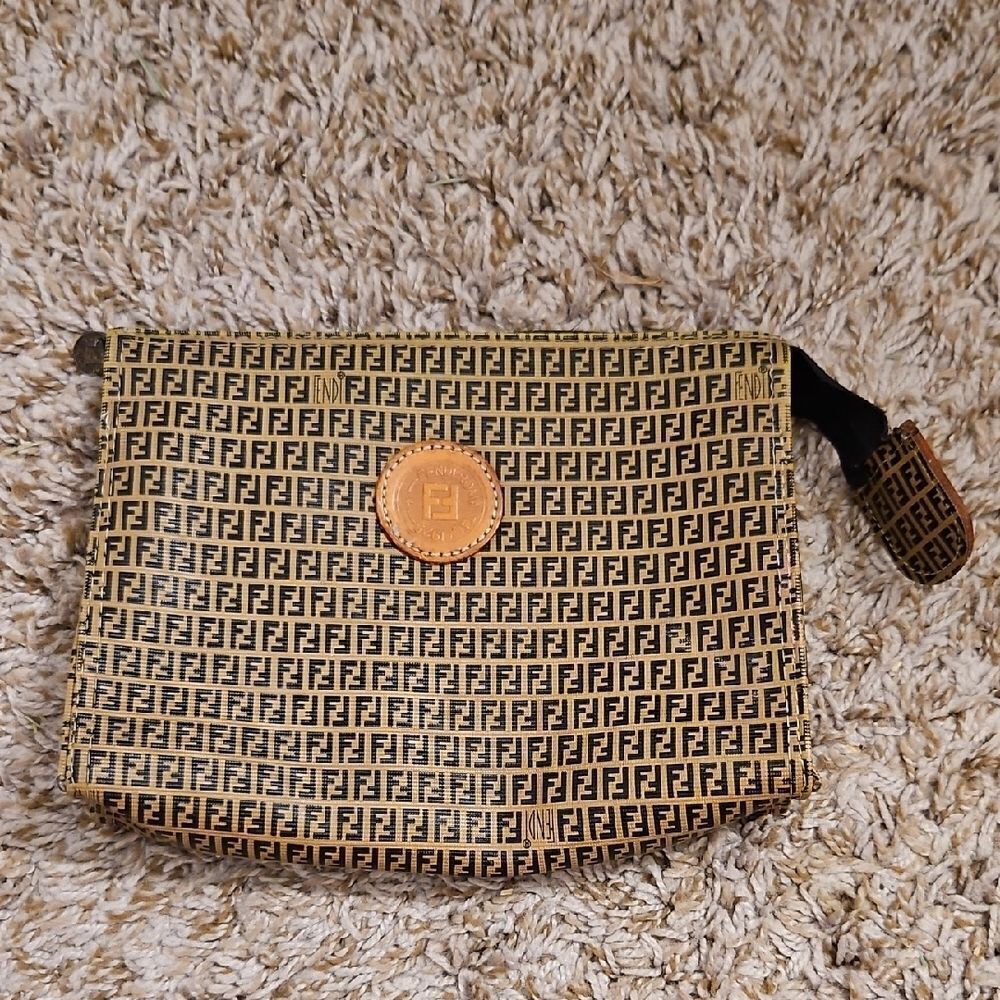 Vintage Fendi Zucchino Canvas Monogram Pouch in Black and Tan